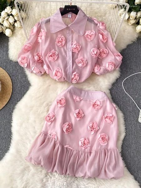 Vestidos de trabalho verão lindo rosa floral organza roupas para mulheres 3d flor bordado puff manga camisa superior vestido de baile mini saia conjunto