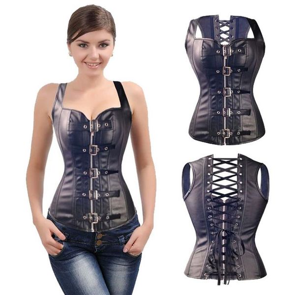 Lederkorsett Damen Taillenkorsetts und Bustiers Sexy Dessous Gothic Kleidung Schwarzes Polyester Korsett Top Spiked Waist Shaper222h