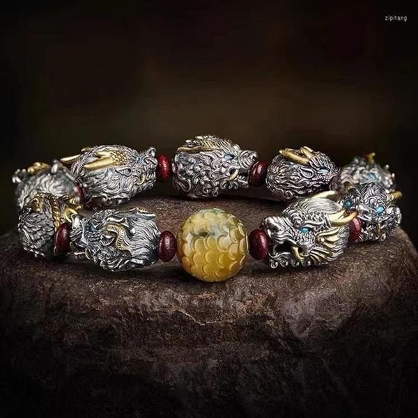 Bangle Rdlongsheng Nine-Child Pulseira Placa Masculina Jogar Antigo Dragão Escala Tiger Eye Stone Bead Advanced Feeling298z