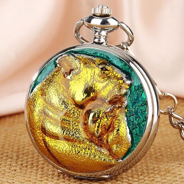 Cep saatleri moda gümüş mekanik saat 3d hayvan altın leopar desen manuel sarma kolye fob saat hediyeleri unisex