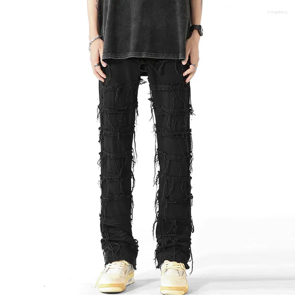 Мужские джинсы 2023, осенние черные уличные брюки Y2K, облегающие брюки с набором бедер, потертые джинсовые брюки