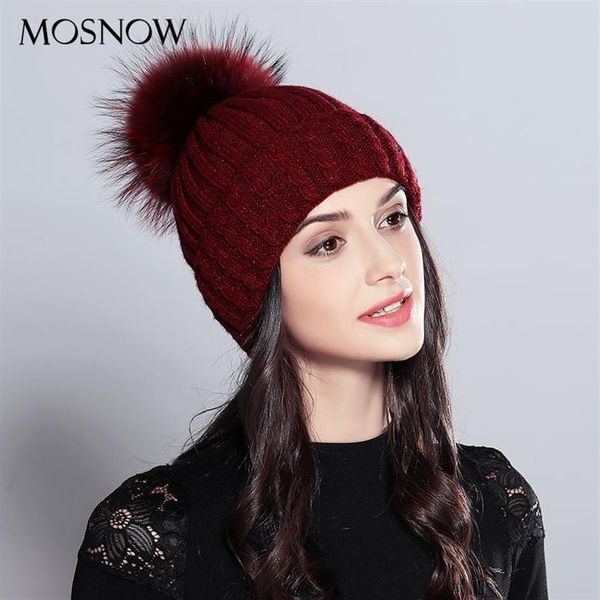 MOSNOW Pon Pon di Pelliccia di Procione Naturale Cappello Femminile Elegante di Lana Lavorato a Maglia 2020 di Inverno di Marca Delle Nuove Donne Cappelli Skullies Berretti # MZ70246I