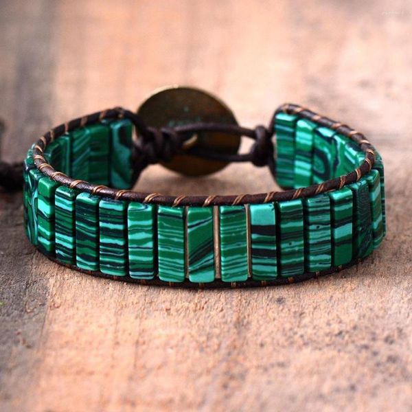 Bracciale avvolgente intrecciato a mano con filo di malachite vintage in pelle con perline