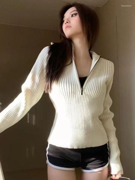 Kadın Sweaters Kişilik Fermuarı Stand Boyun Katı Sueter Mujer İnce Alt Modaya uygun 2023 Kadınlar Zarif Y2K Estetik Triko