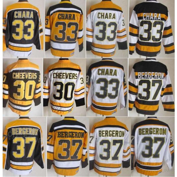 Homens Retro Hóquei 30 Gerry Cheevers Jerseys 33 Zdeno Chara 37 Patrice Bergeron CCM Vintage Clássico 75 Aniversário Retire Bordado e Costurado para Fãs do Esporte