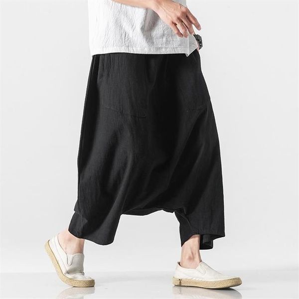 Calças masculinas virilha larga harém algodão linho solto grandes calças cortadas bloomers de pernas largas 2021 estilo coreano baggy308z