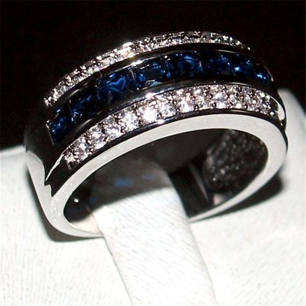 Luxury Princess-cut Blue Sapphire Gemstone Rings Fashion 10KT White Gold filled Wedding Band Jewelry for Men Women Size 8 9 10 11 184g