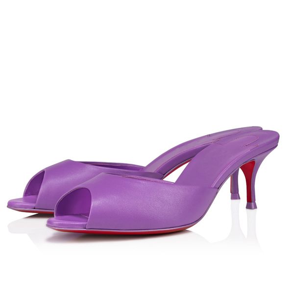 Sandálias femininas luxuosas com fundo vermelho Pump Me Dolly 55 mm Mules Frou Itália lindas senhoras roxas Nappa couro Peep Toes Design verão família salto alto sandália caixa UE 35-43