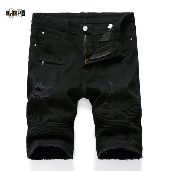 Jeans masculinos Idopy Homens rasgados Biker Denim Shorts Verão Motocicleta para Masculino Multi Bolsos Marca Designer Plus Size 28-401230K