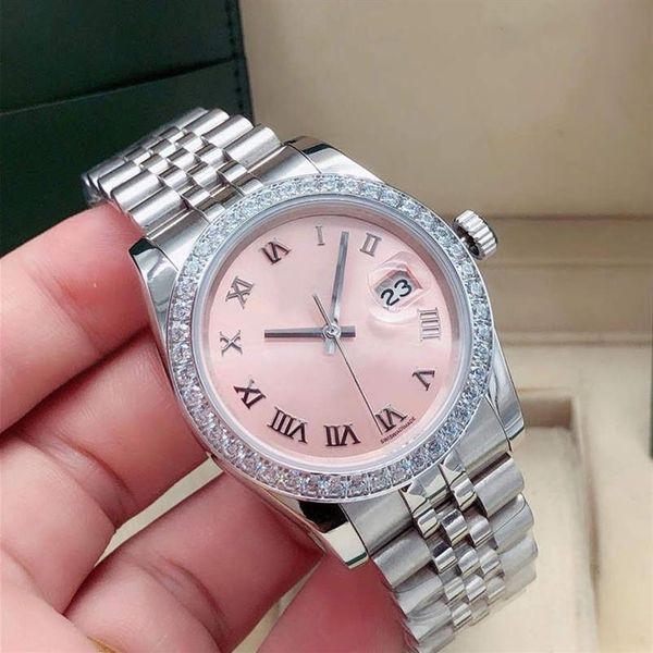 Relógio mecânico automático feminino, elegante, 31mm, moldura de diamante rosa, safira, aço inoxidável, desconto, à prova d'água, 320h