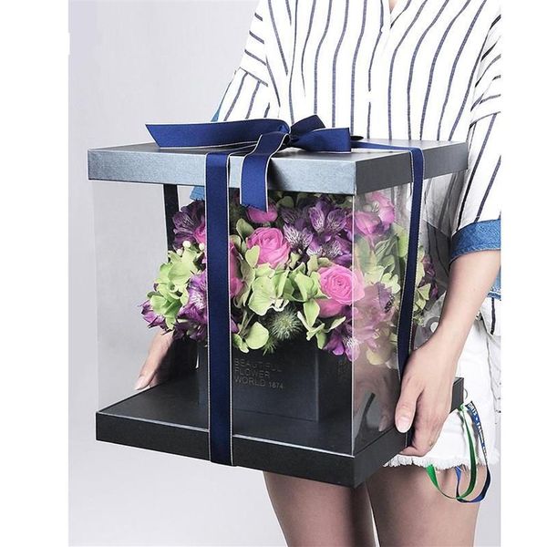 Confezione regalo Scatole di carta per fiori rotondi di colore puro coreano di alta qualità da 30 cm con coperchio Abbraccio secchio Fiorista Confezione in PVC Box344O