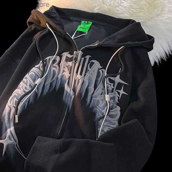 Erkek Hoodies Sweatshirts 2023 Amerikan Tarzı Retro Street Tatlı Serin Mektup Baskı Kapşonlu Kazak Kadınlar Y2K Çift Gevşek Çok Yönlü Günlük Hardigan Ceket T231005