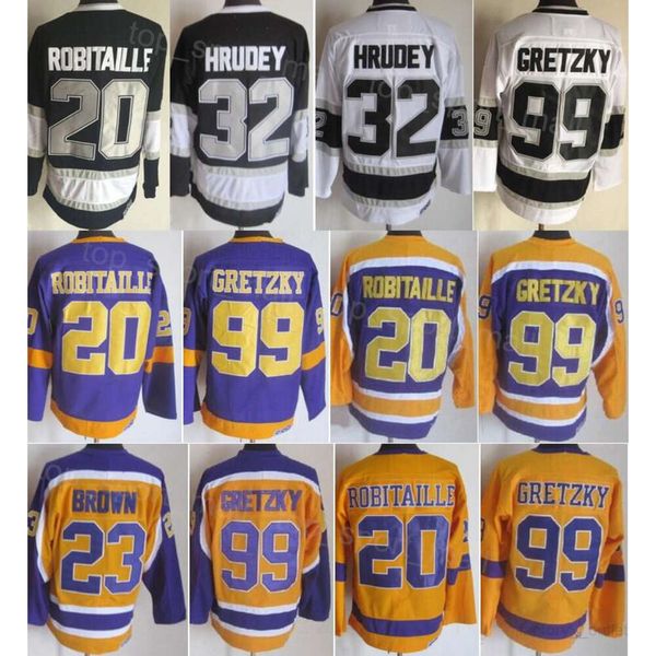 Homens Retro Hóquei 23 Dustin Brown Jerseys Vintage Clássico 99 Wayne Gretzky 20 Luc Robitaille 32 Kelly Hrudey Retire tudo costurado preto branco amarelo roxo cor da equipe