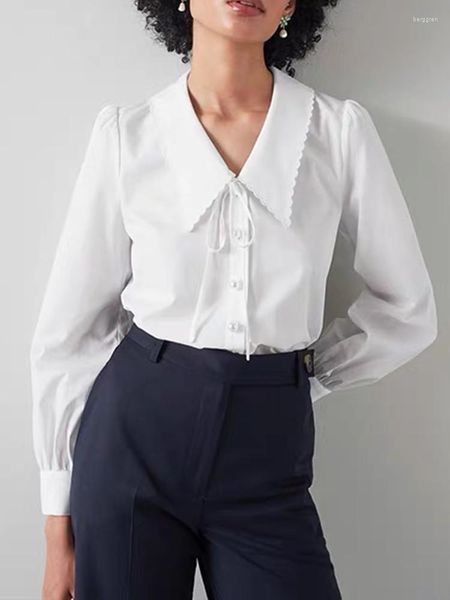Kadın bluzları Kadın Danton-Up Nakış Trim Denizci Yakası Pamuk Beyaz Bluz İnci Düğmeleri Bayanlar Basit Tek Kısacası Gömlek ve Üstler