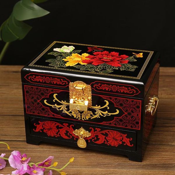 Caja de maquillaje china retro de Pingyao de lujo, collar de anillo, joyería multicapa, caja de madera de alta gama, almacenamiento de joyería de boda para novia 297I