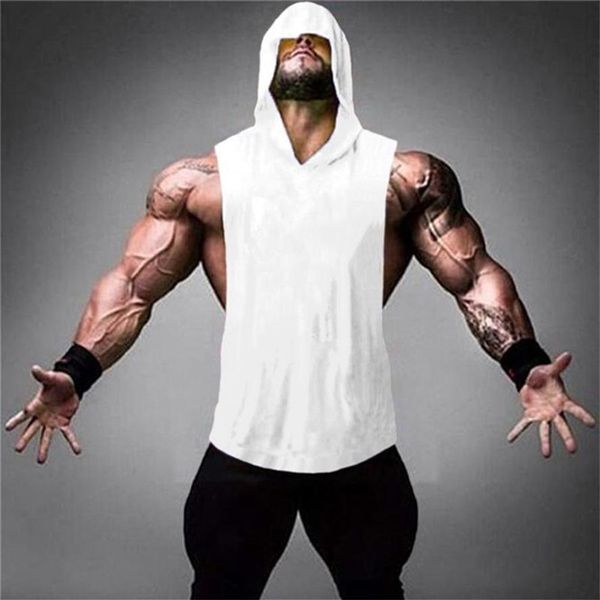 Verão liso ginásios tank top mens musculação stringer hoodies colete em branco camisa de fitness 100% algodão sólido sem mangas tops 210623287v