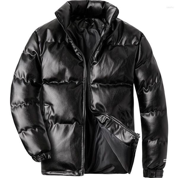 Jaquetas masculinas de couro preto algodão acolchoado casaco à prova de vento quente brilhante para baixo casaco resistente ao frio masculino