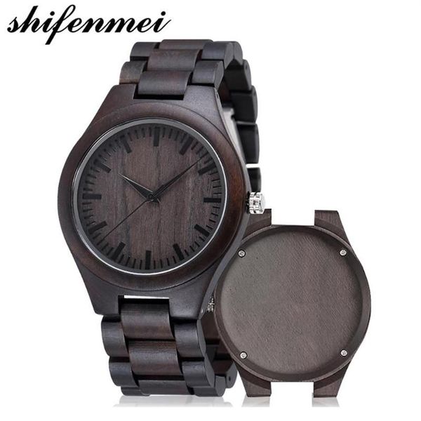 Relógios de pulso Shifenmei 5520 relógio de madeira gravado para homens namorado ou padrinhos presentes preto sândalo personalizado madeira aniversário g2583