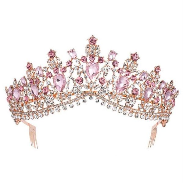 Barocke Braut-Tiara-Krone aus Roségold, rosa Kristallen mit Kamm, Festzug, Abschlussball, Schleier, Stirnband, Hochzeit, Haarschmuck 211006231s