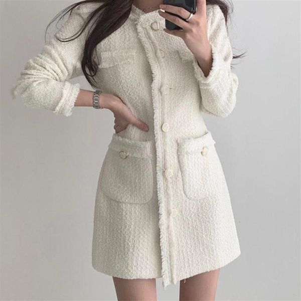 Freizeitkleider Einteiliges Kleid Damen Herbstmode 2021 Rundhalsausschnitt Lose Einreiher Langarm Mini Fairy Tweed Fema282x