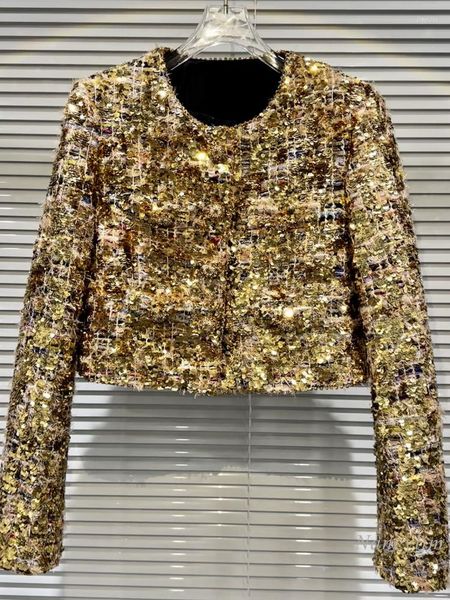 Jaquetas femininas 2023 outono lantejoulas de ouro chique casaco para mulheres indústria pesada luz luxo lantejoulas tweed casacos curtos senhoras jaqueta