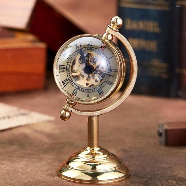 Taschenuhren Vintage Spinning Globe Gold Tischuhr Männer Kreatives Geschenk für Uhr Kupfer Tisch mechanisch männlich