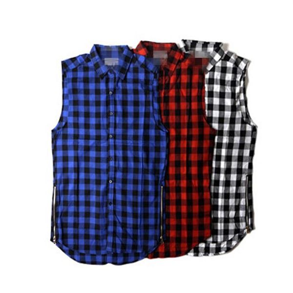 Whole-Tyga L K Hip hop cerniera laterale dorata camicia di flanella scozzese oversize tee da uomo casual zippper tartan scozzese rosso ultimo re Tee sh3055