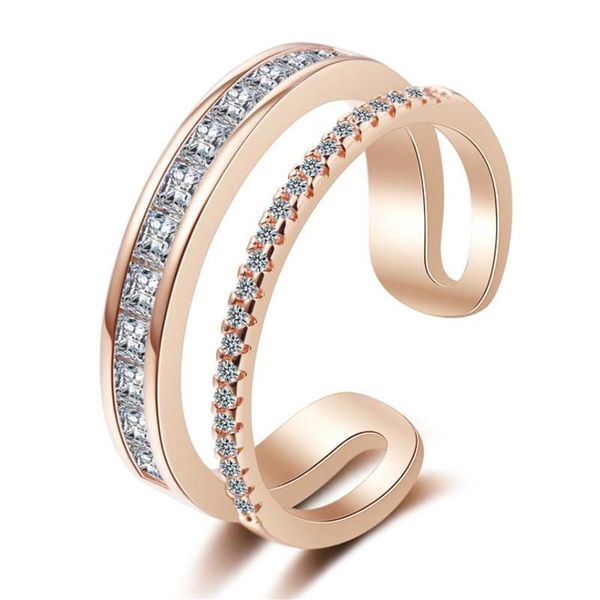 Anéis de cluster coreano simples empilhável dupla camada rosa ouro cúbico zircônia 925 prata esterlina anel de noivado ajustável para wom1968