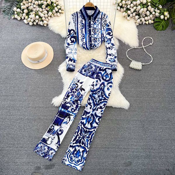 Duas peças vestido pista azul e branco porcelana conjunto feminino lapela manga longa impressão blusa camisas e cintura alta calças cortadas calças terno 2024