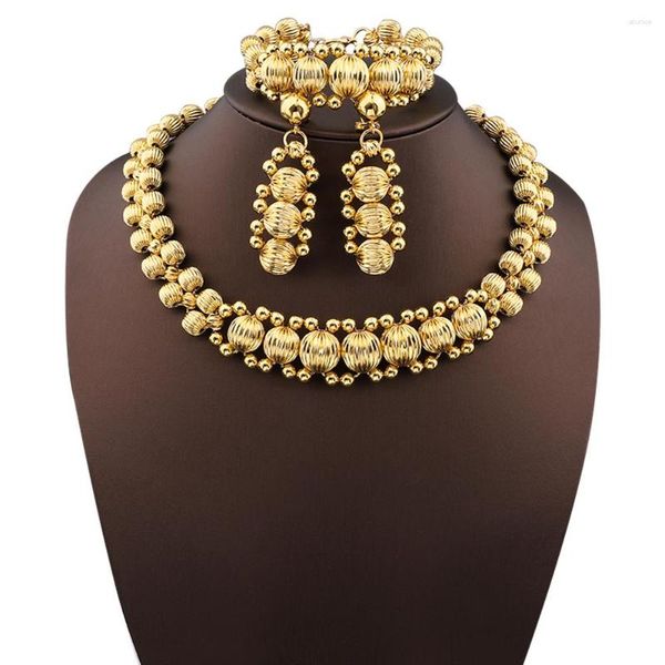 Halskette Ohrringe Set afrikanischen Luxus Schmuck Gold Farbe Kugel Perlen Armband Frauen Jahrestag Party Hochzeit Kleid Geschenk