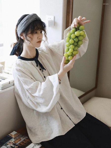 Blusas femininas Mulheres Mori Top Retro Boneca Camisa Japonesa Algodão Linho Doce Adorável Blusa Solta