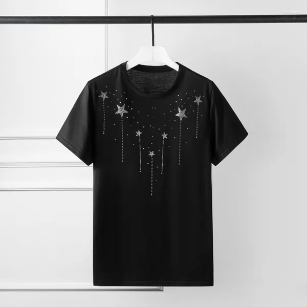 Homens Camisetas Minglu Algodão Mens Camisetas Luxo Cristal Diamante Cinco Estrelas Manga Curta Homens Gola Redonda Slim Fit Homem