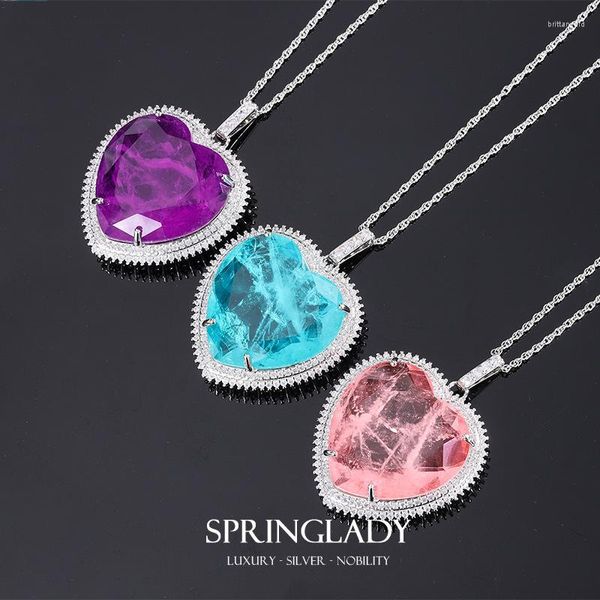 Kolye Kolyeleri Springlady Vintage 32 32mm Kalp Pembe Kuvars Ametist Paraiba Turmalin Kolye Kadınlar Taşlı Güzel Mücevher Hediyesi