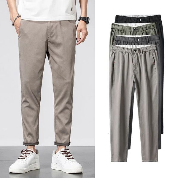 Mens pantolon trend için yüksek elastik gündelik capris Kore tarzı moda ve basit buz ipek 231005
