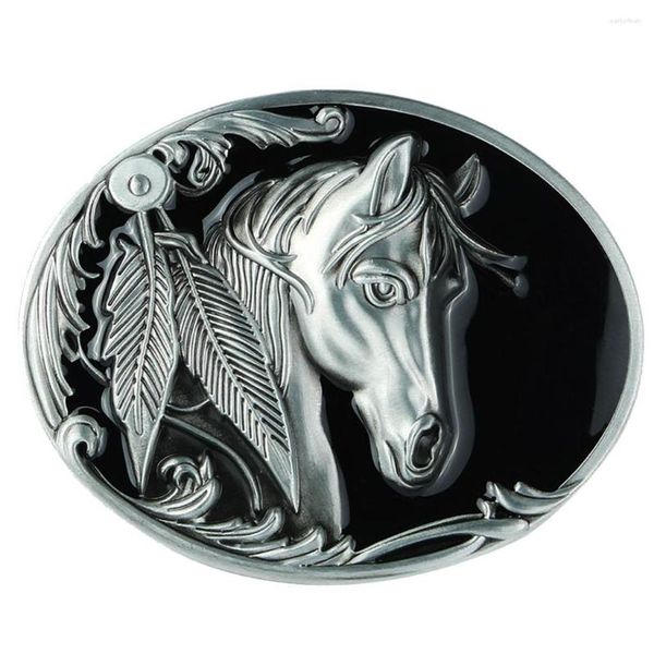 Gürtel Ovale Gürtelschnalle mit geprägtem Pferdekopf und eingraviertem Retro-Blatt