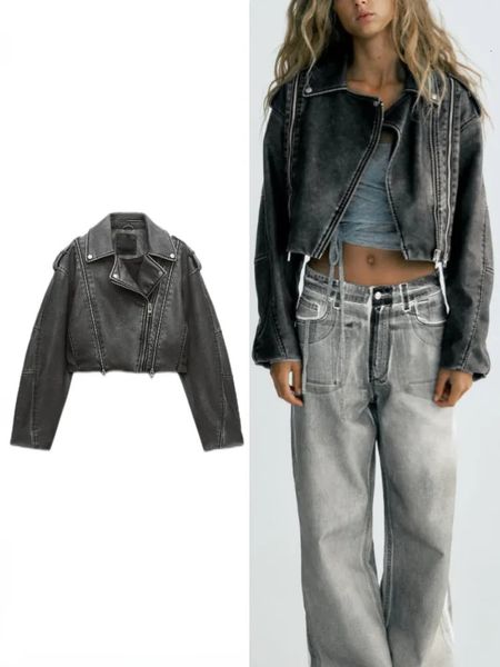 Frauen Pelz Faux ZBZA PU Leder Kurze Jacke Mäntel Revers Kragen Lange Ärmel Distressed Biker Weibliche Chic Oberbekleidung 231005