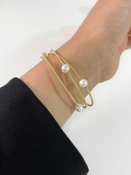 Bracciale Minar Trendy Perla d'acqua dolce irregolare Doppi strati Braccialetti twist per le donne Bracciale in ottone placcato oro reale 14K all'ingrosso