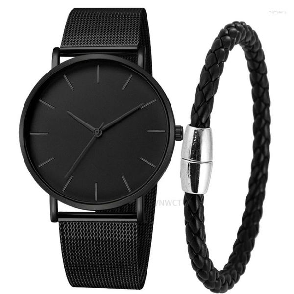 Relógios de pulso 2023 ultra fino homens relógio pulseira magnética quartzo fino malha aço impermeável esporte preto relogio masculino