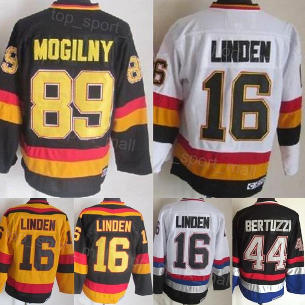 Uomo Retro Hockey 16 Maglia Trevor Linden 89 Mogilny 44 Todd Bertuzzi 10 Pavel Bure 1 Kirk Mclean Ricamo classico vintage Traspirante Colore della squadra Nero Bianco Giallo