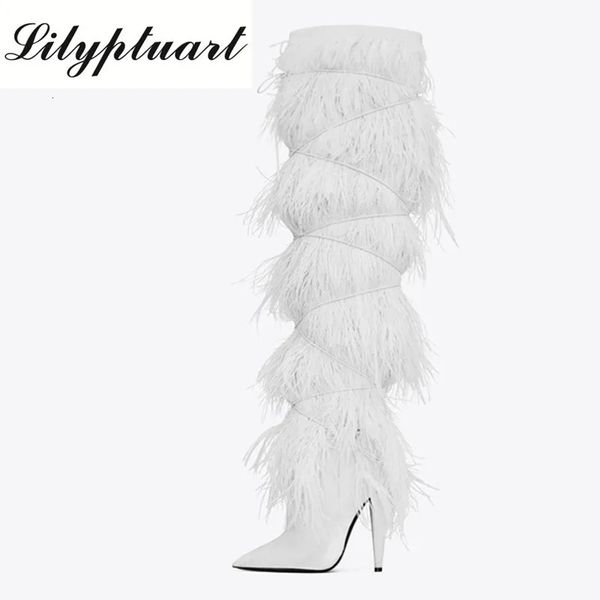 Dress Shoe's Feather Boots Autumn and Winter Fashion Cross Tie Knee High Heel Party Shoes Sexy Ostrich Feather Catwalk Boots 230928