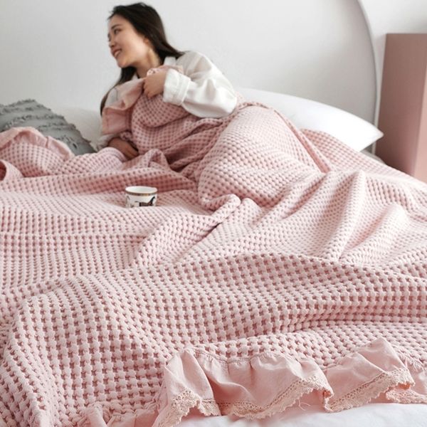 Cobertor 100 algodão macio cama xadrez casa japenese malha cobertor milho grão waffle em relevo verão babados quente lance colcha 230928