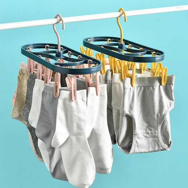 Kleiderbügel zum Trocknen von Kleidung, zusammenklappbar, tragbar, Unterwäsche mit 12 Clips, um 360 Grad drehbarer Haken für Handtücher, BHs, Handschuhe