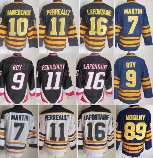 Uomo Retro Hockey 16 Maglia Pat LaFontaine Vintage Classic 7 Rick Martin 9 Derek Roy 10 Hawerchuk 11 Gilbert Perreault 89 Mogilny 26 Thoma Vanek 30 Ryan Miller CCM