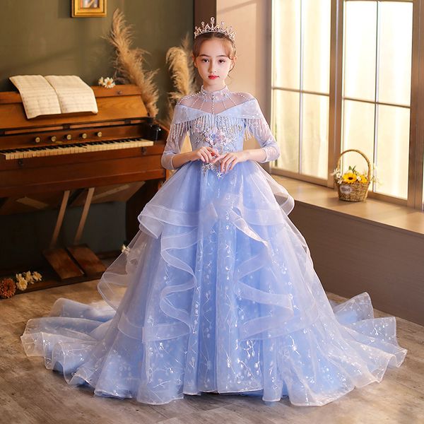 Adorável vestido de esfera azul, menina princesa, apliques de renda alta do pescoço de pescoço infantil para crianças vestidos de concurso para crianças pequenas crianças vestido de aniversário 403