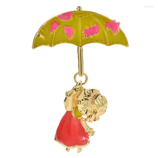 Broschen Wulibaby Schönes Kind und Regenschirm für Frauen, 2-farbige Emaille, niedliche Figur, Party, lässige Brosche, Pins, Geschenke