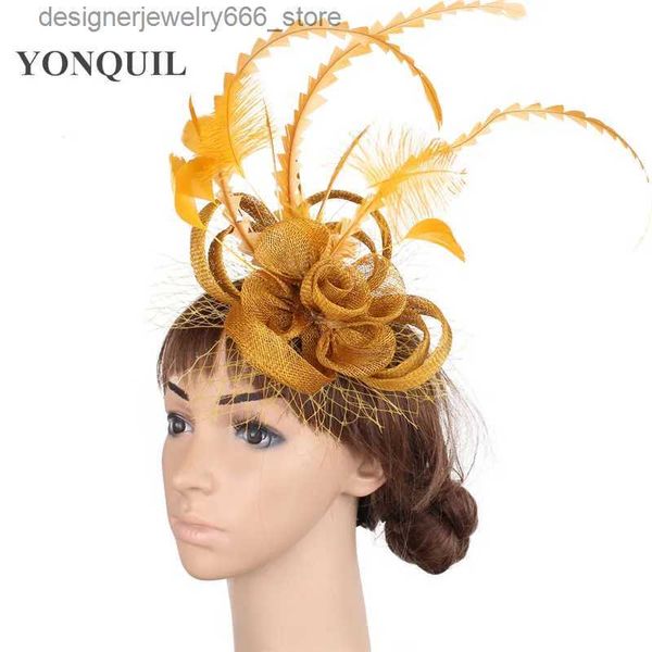 Headwear Acessórios para o cabelo Vintage Gold Sinamay Base Fascinator Headwear Ocasião Véus de noiva vermelhos Acessórios para o cabelo Pena Millinery Cocktail Hat MYQ010 Q231005