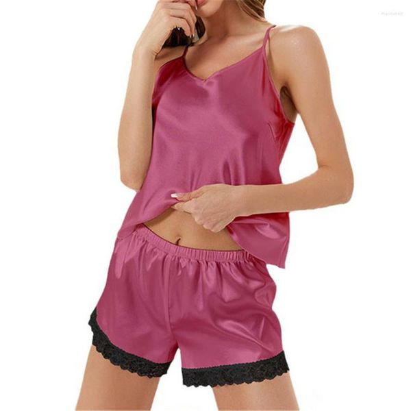 Mulheres sleepwear mulheres cetim sexy renda pijama conjunto feminino elegante sem mangas top e shorts noite terno pijama conjuntos roupa interior