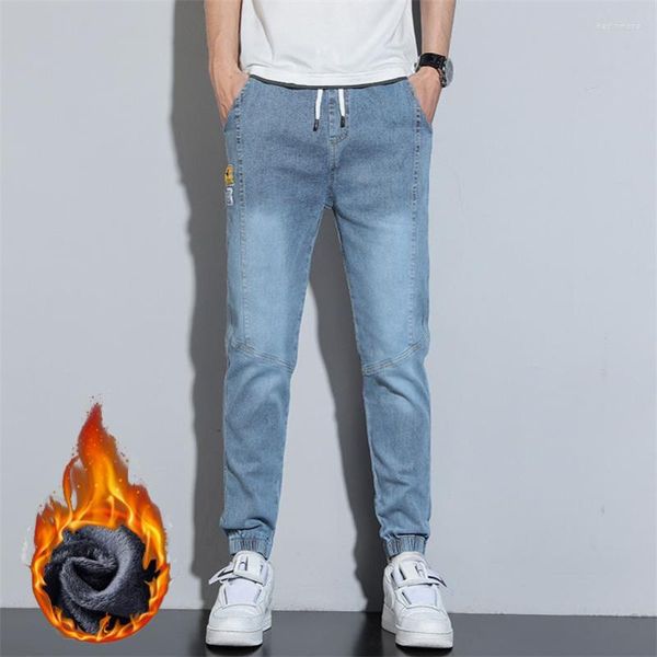 Jeans da uomo Uomo Inverno Termico Neve Caldo Stretch Dritto Gamba stretta Pantaloni lunghi in denim in pile Pantaloni slim fit blu grigio