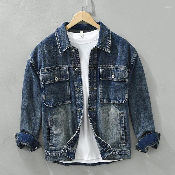 Herrenjacken 6697 Japan-Stil Denim-Cargo-Mantel Herbst Trendy Casual Literarisch Lose Allgleiches Turn-Down-Kragen Tops Einfarbige Jacke