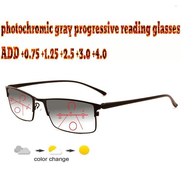 Óculos de sol Pochromic Grey Progressive Multifocal Reading Glasses Business Men Full Frame Conforto 1.0 1.5 1.75 2.0 2.5 3 3.5 4